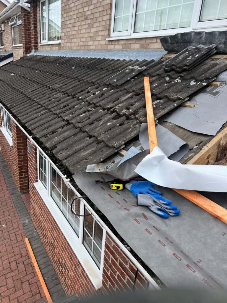 This is a photo of a pitched roof which is being repaired. The existing roof was leaking badly. Works carried out by LS Roofing Feltham